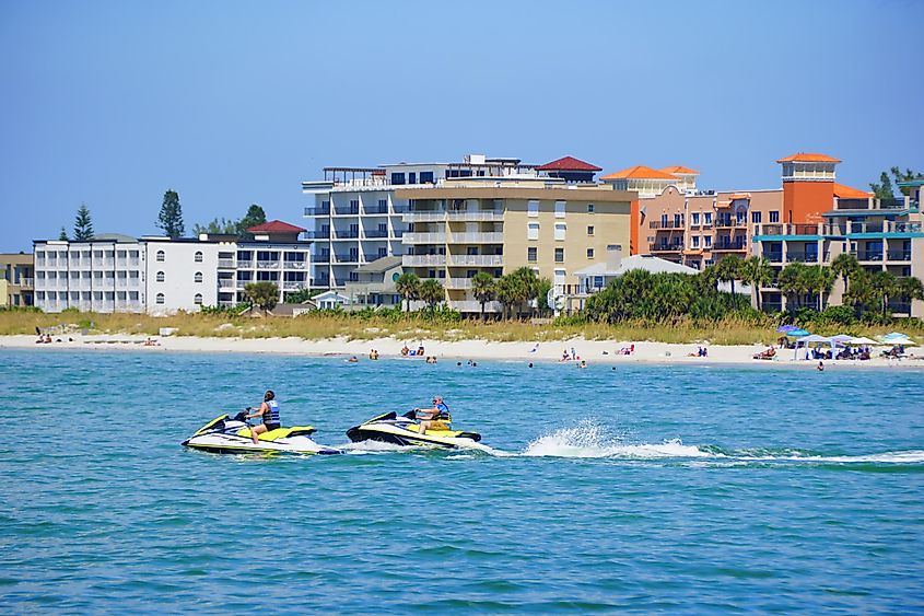 The view of the waterfront resorts, hotels and apartments by the bay in Madeira Beach