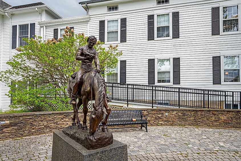 This sculpture titled "Equestrian Lincoln" by Anna Hyatt Huntington, on the grounds of the public library.