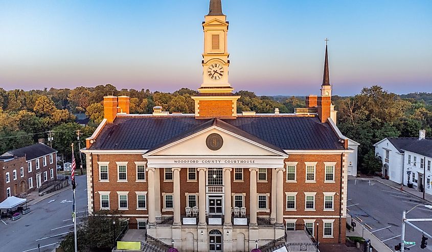 Woodford county courthouse in downtown Versailles, Kentucky lit by the rising sun.