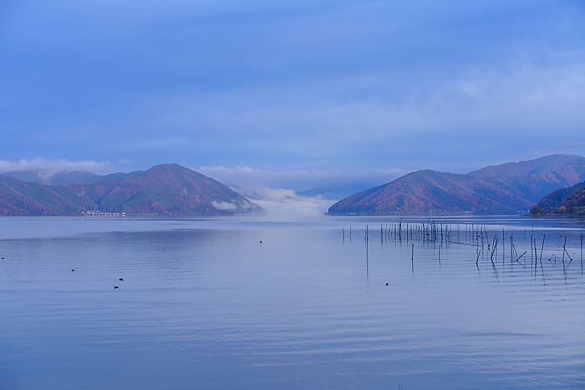 View across the water of Lake Biwa, Japan