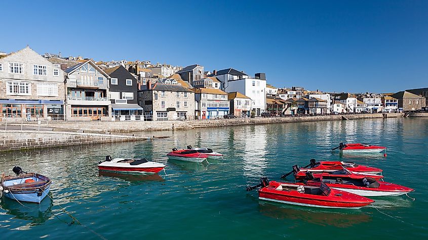 Boats along the harbour in St. Ives, England.