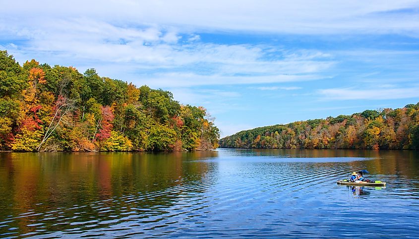 View of people fishing in the Rainbow Reservoir in Windsor, Connecticut