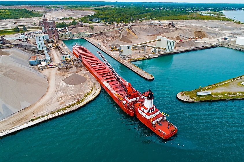 A Great Lakes freighter taking on cargo at Rogers City, Michigan, on Lake Huron.