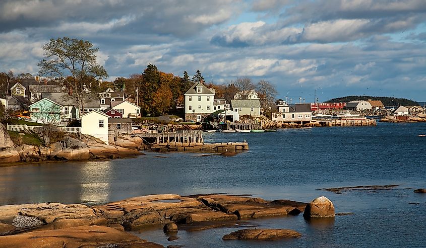 New England style houses on Stonington Bay, Maine