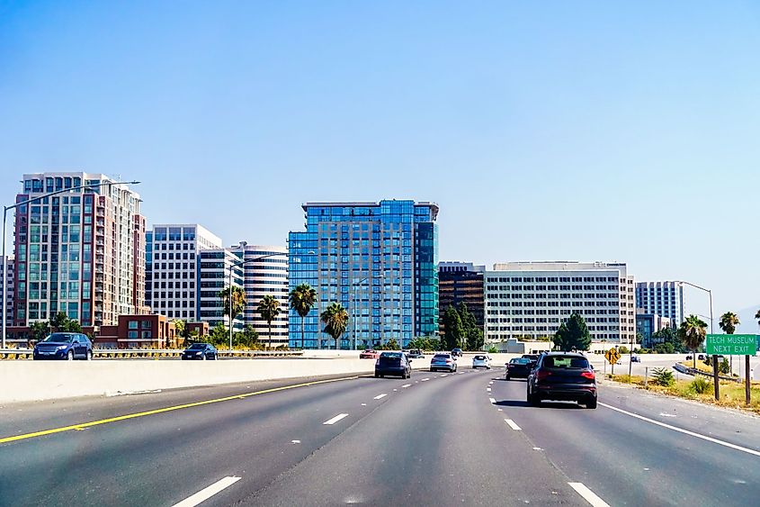 San Jose skyline as seen from the nearby freeway, Silicon Valley, California