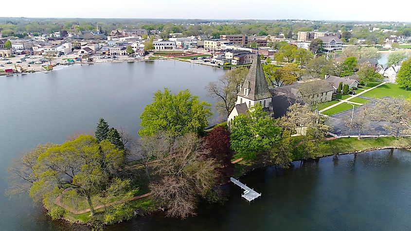 Beautiful aerial shot of a church on a peninsula in Oconomowoc, Wisconsin