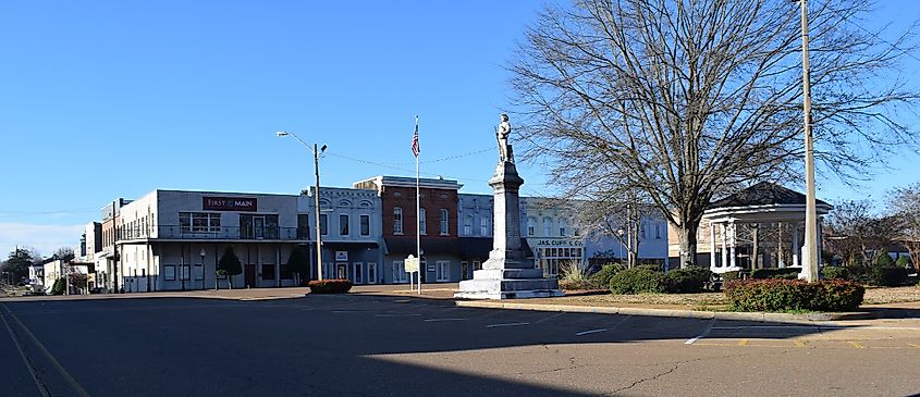 The south side of the square in downtown Grenada, Mississippi.