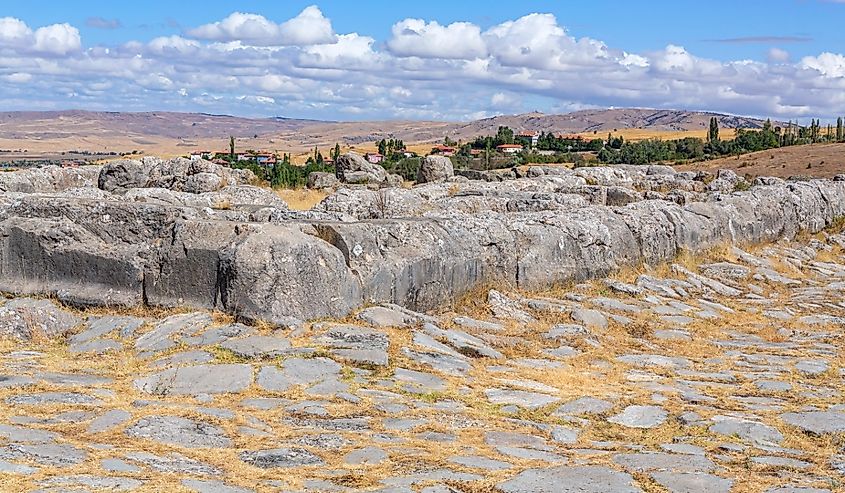 Great Temple at ancient Hattusa, hittites capital. Giant remains at archeological site. Bogazkale, Corum, Turkiye (Turkey)