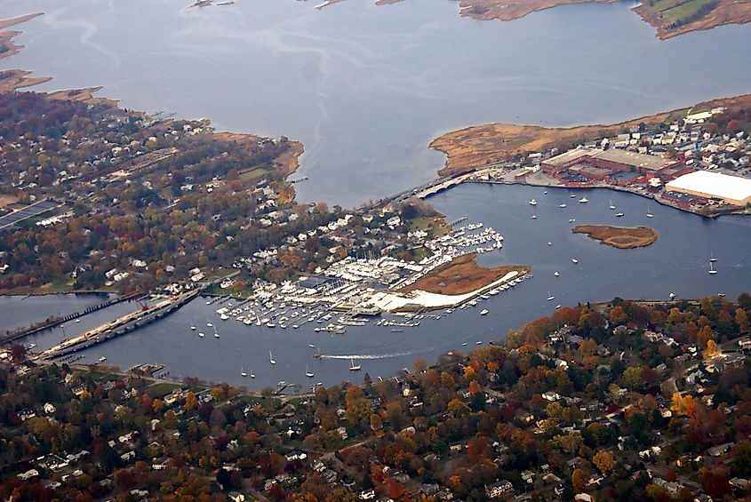 Aerial view of the County Road bridge connecting western and eastern Barrington, Rhode Island.