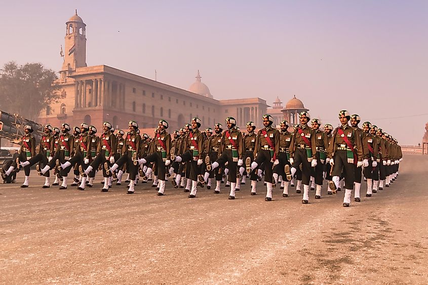 Soldiers of Indian Army marching at Rajpath 'King's Way' a ceremonial boulevard as they take part in rehearsal activities for the Republic day parade.