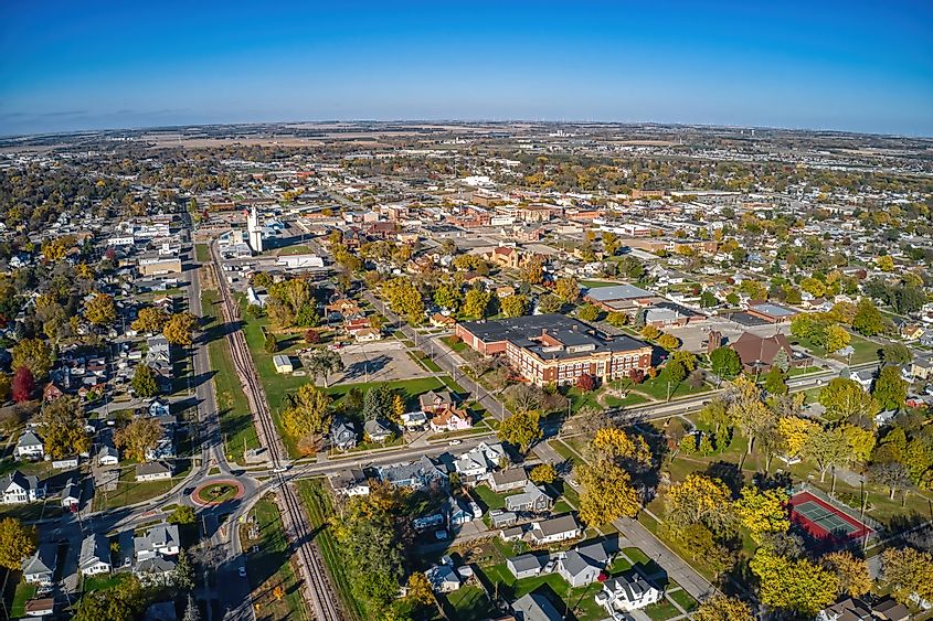 Aerial View of Downtown Norfolk, Nebraska in Autumn.