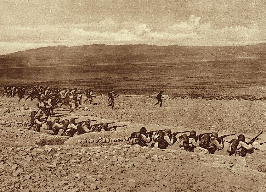 Turkish troops charging a British and French trench during the fighting at Gallipoli