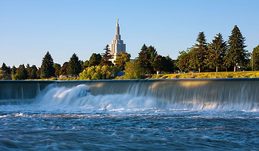 Idaho Falls Temple next to Snake River in Idaho Falls