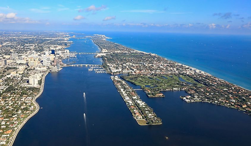 Aerial view of downtown West Palm Beach, Florida, and the upscale island of Palm Beach
