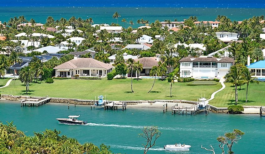 Aerial view of luxury waterfront homes along the intracoastal near Jupiter Inlet from the lighthouse in Jupiter, Florida in Palm Beach County