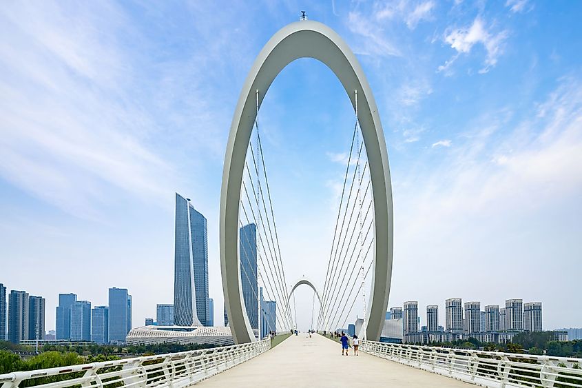 Eye of Nanjing Pedestrian Bridge and urban skyline in Nanjing, China