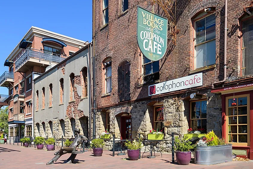 Buildings and artwork at Fairhaven Village Green in Bellingham