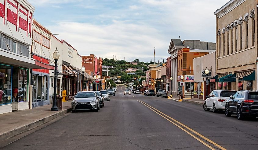 Bullard Street in downtown Silver City, looking south, a southwestern mining town with shops, stores and restaurants.