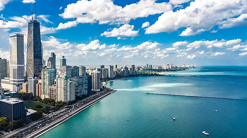 Chicago skyline aerial drone view from above lake Michigan.