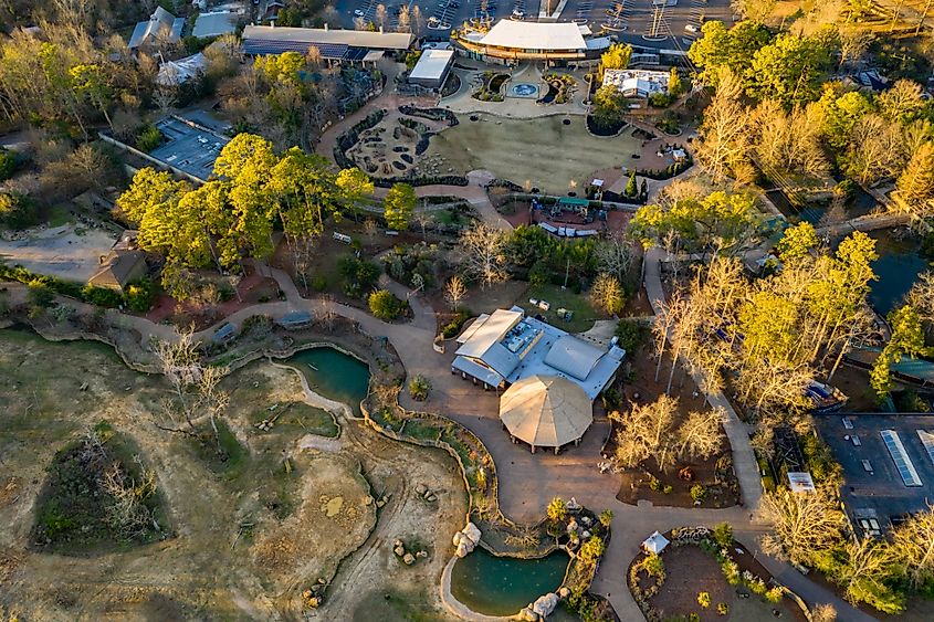 Aerial view of a landscaped zoo with walking paths, enclosures, and ponds.