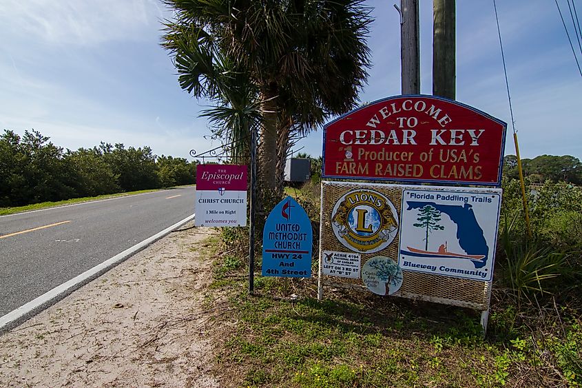 Welcome sign on the road to Cedar Key, Florida