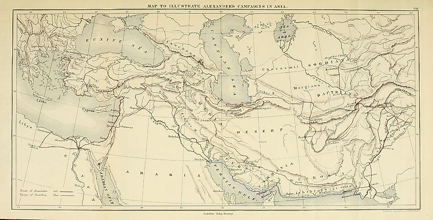 Map illustrating Alexander the Great’s campaigns across Asia, showing routes of conquest and key cities from ancient sources as presented in Bunbury’s history of ancient geography