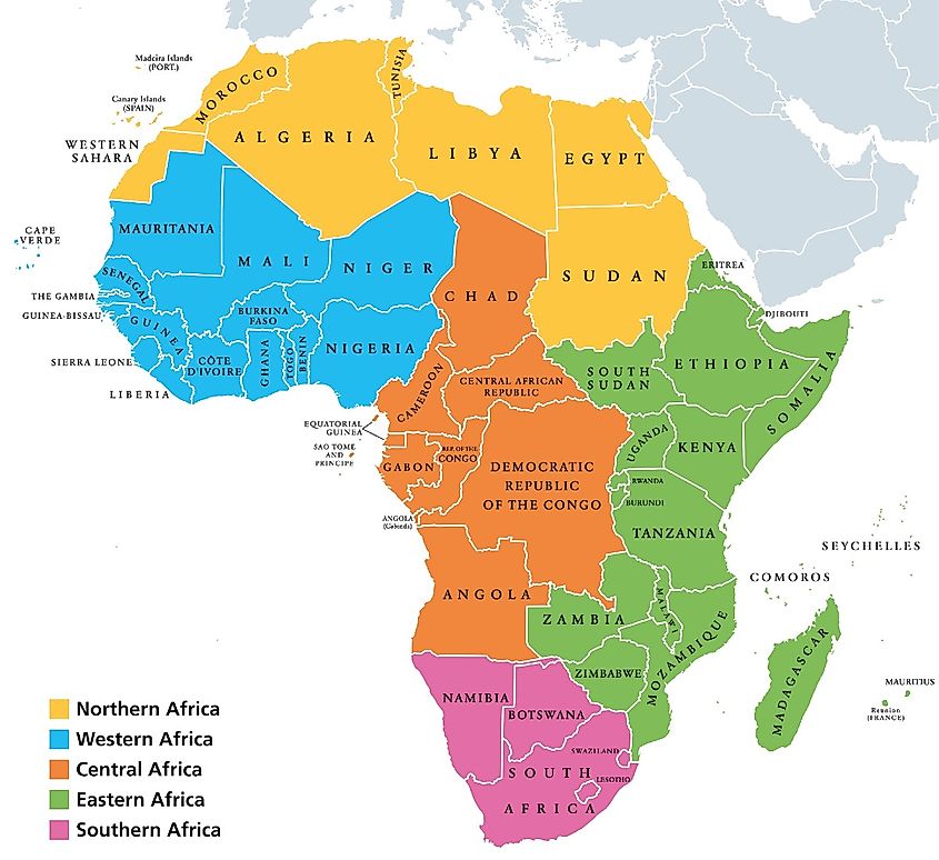 Northern, Western, Central, Eastern and Southern Africa in different colors. 