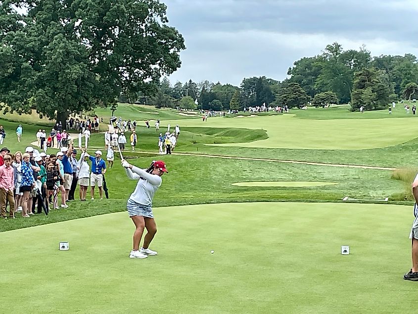 Curtis Cup Saturday match play at Merion Golf Club. Teeing off the 5th.