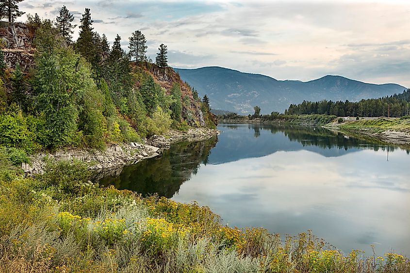 The calm Kootenay River near Bonners Ferry, Idaho