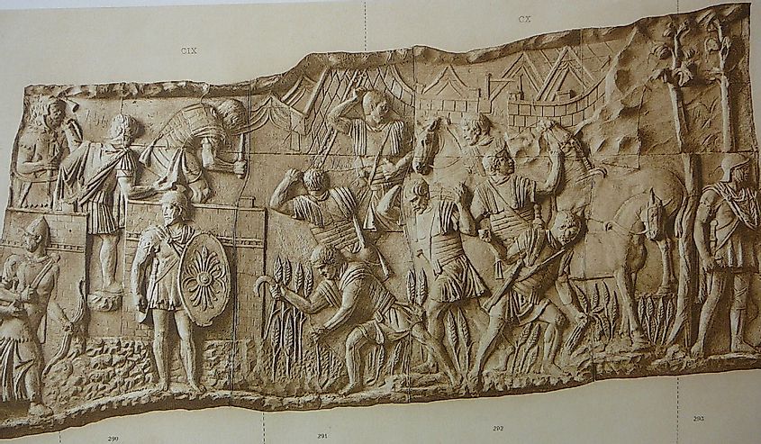 Roman troops entering camp and foraging, relief