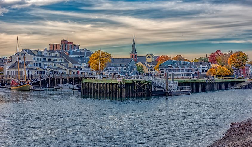 Pickering Wharf Marina Cityscape, water, boats, buldhead, trees, fall colors