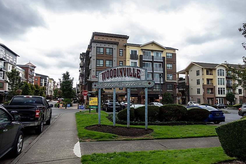 Street view of the Woodinville city center sign near a major shopping area in Woodinville, Washington