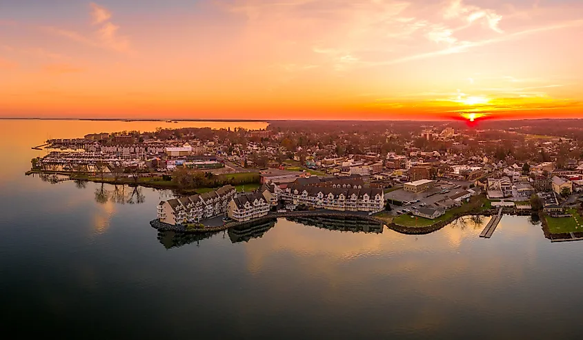 Aerial sunset panorama of Havre De Grace Harford County, Maryland, United States.