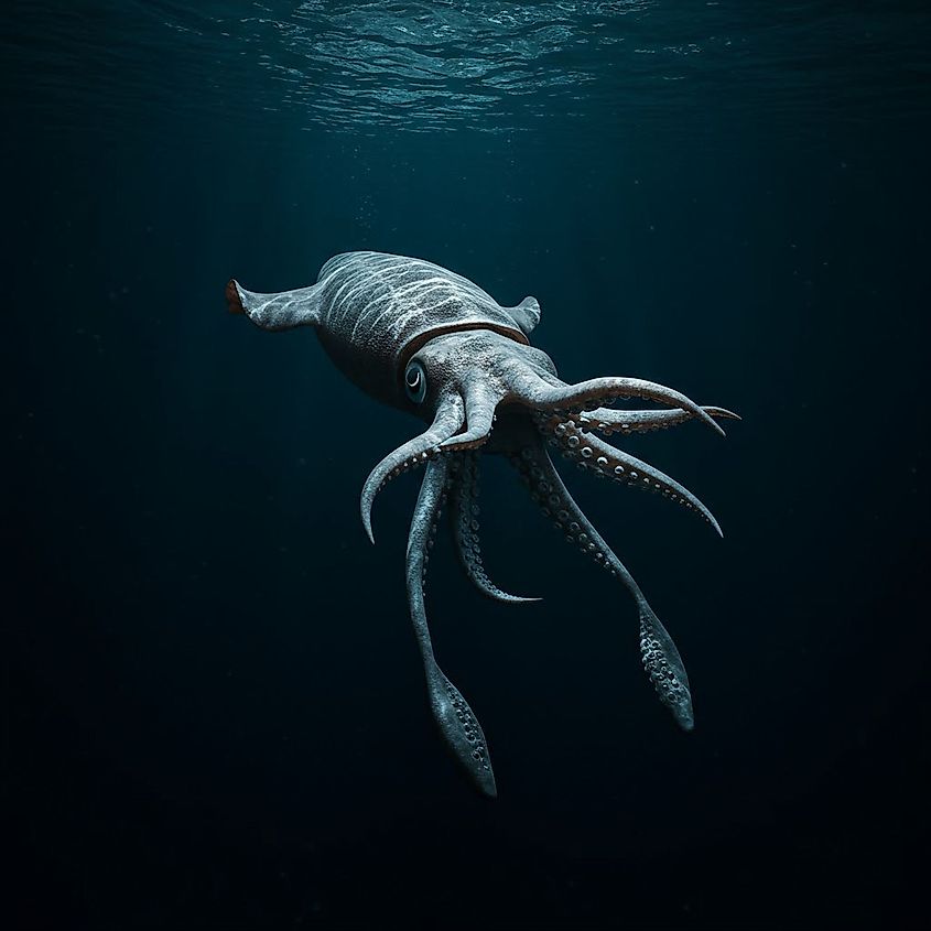 Giant squid in dark ocean Credit: Random Rolls / Shutterstock