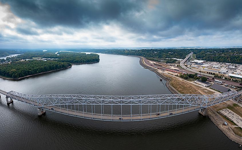 The Julien Dubuque Bridge was completed in 1943. It spans the Mississippipi River between Dubuque, Iowa and East Dubuque, Illinois.