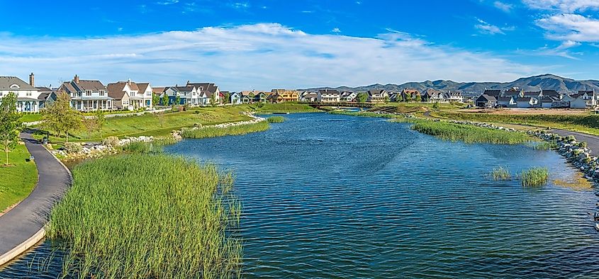 Oquirrh Lake at Daybreak in Utah with paved sidewalk on the side