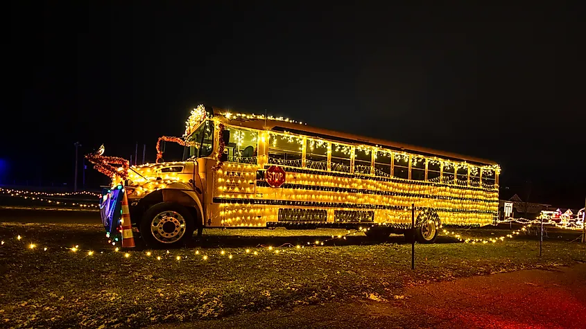 A lit-up school bus at the Merry Mile in Marshall, Michigan.