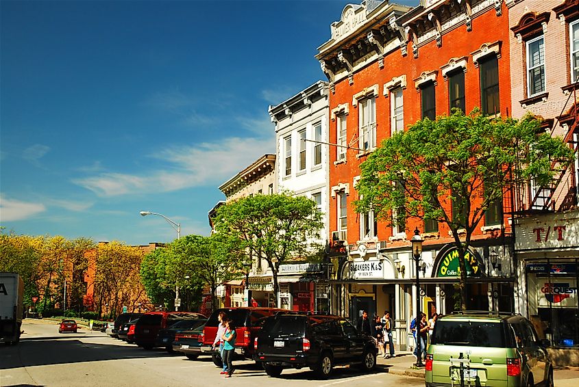 Teenagers and school children walking through downtown Ossining, New York, on their way to school