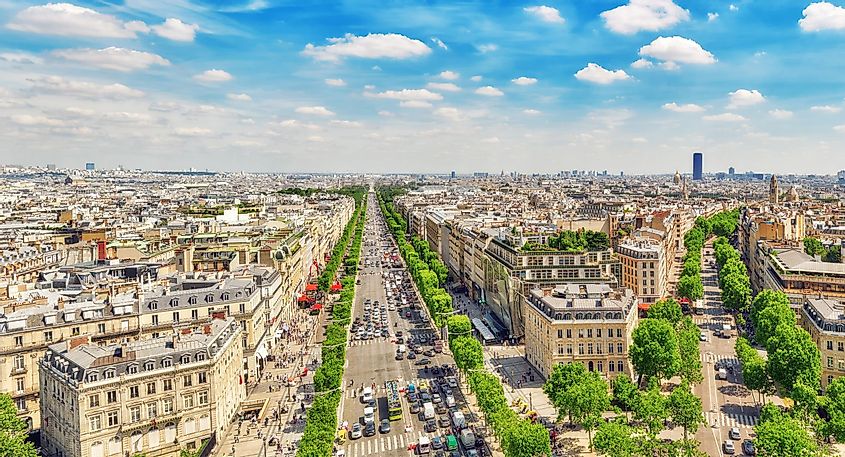 Beautiful panoramic view of Paris from the roof of the Triumphal Arch. Champs Elysees and the Eiffel Tower.