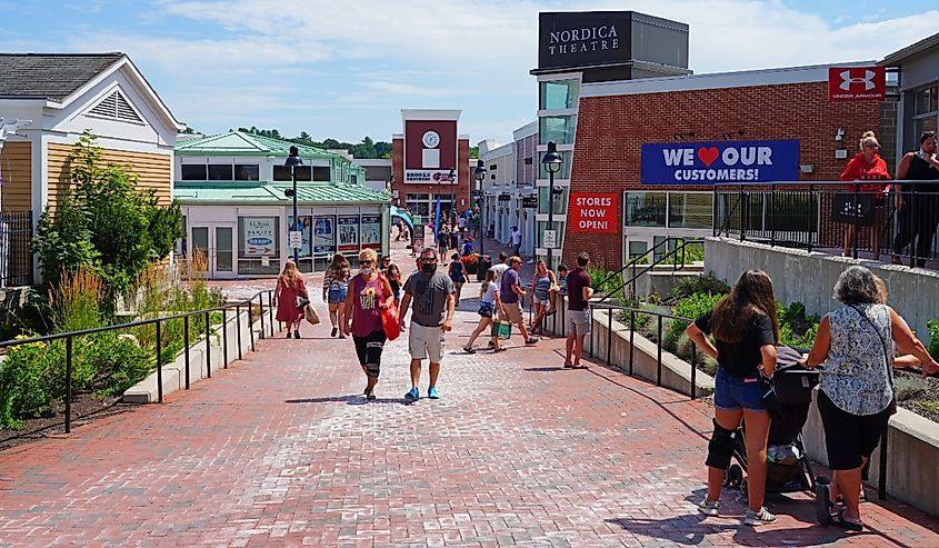 View of downtown Freeport, Maine, a town filled with outlet stores from famous fashion brands.