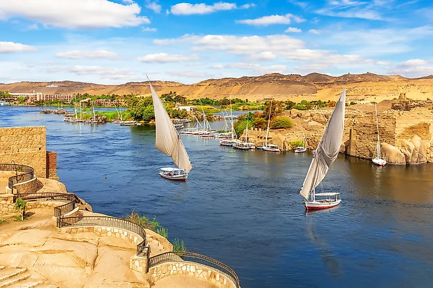 The Nile River flowing through Aswan, Egypt.