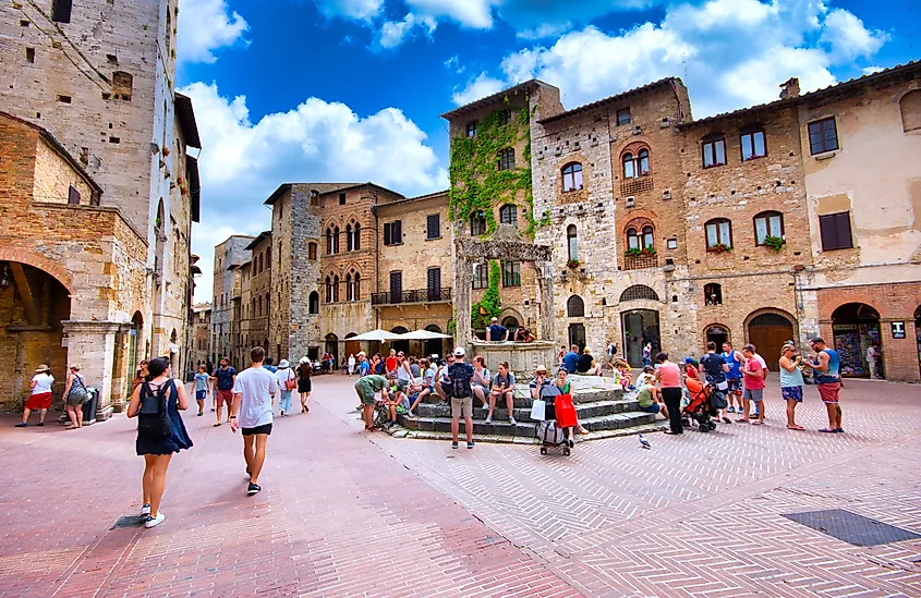 Panoramic view of famous Piazza della Cisterna in San Gimignano, Italy. Editorial credit: StockPhotoAstur / Shutterstock.com