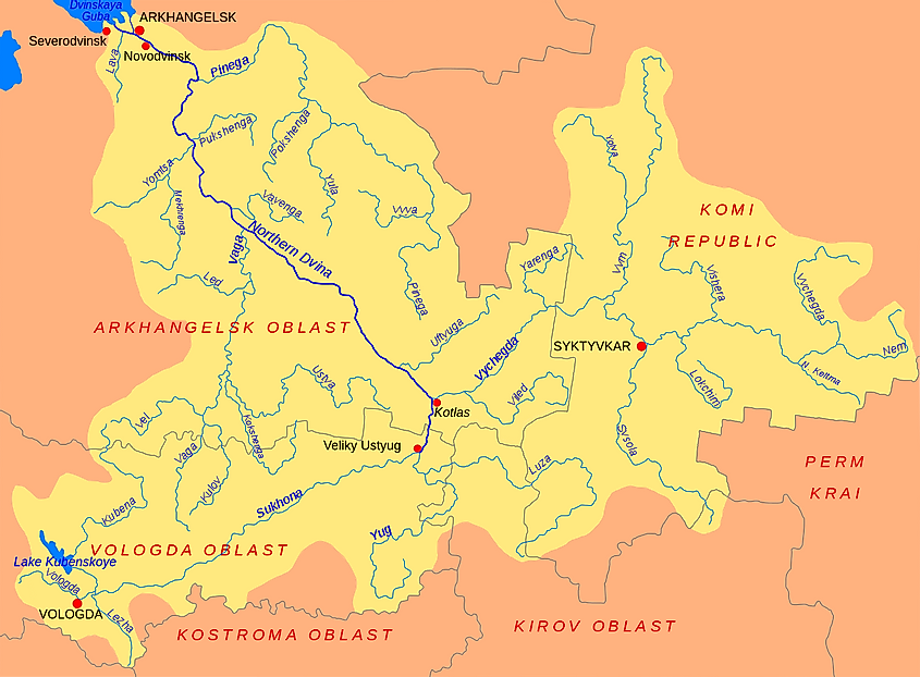 Map showing the course of the Northern Dvina River.