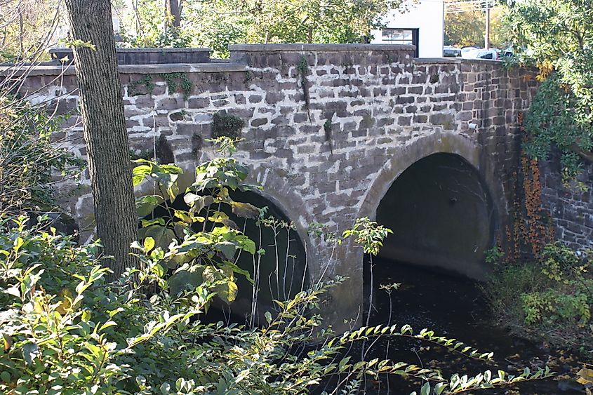 Newtown Creek Bridge, a historic stone arch bridge at Newtown, Bucks County, Pennsylvania.