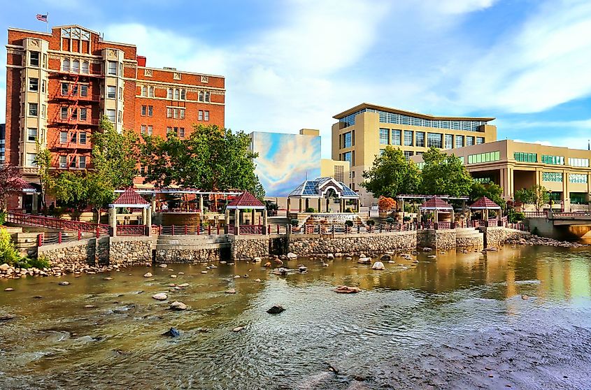 Apartment buildings along Truckee River in Reno, Nevada