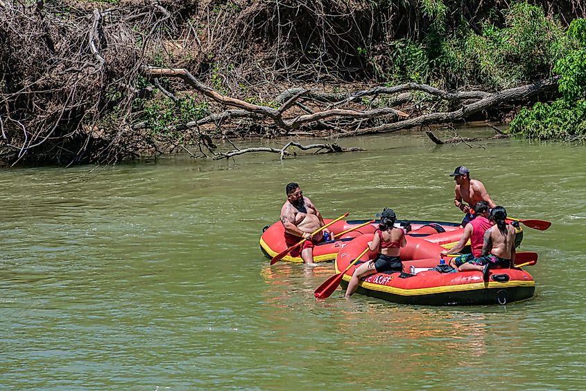 People out rafting down the Illinois River in Tahlequah, Oklahoma.