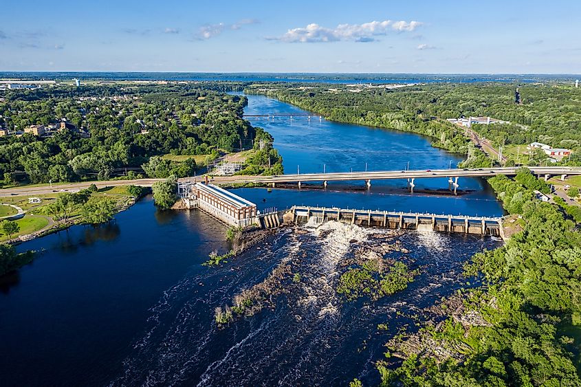 Aerial photograph of the Chippewa River Dam with Lake Wissota in the distance in Chippewa Falls, Wisconsin.