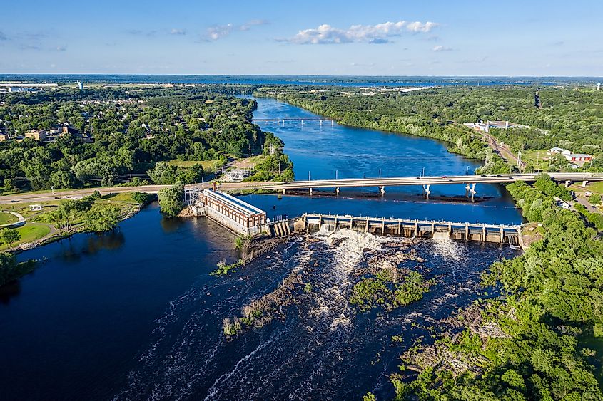  Aerial photograph of the Chippewa River Dam with Lake Wissota in the distance in Chippewa Falls, Wisconsin.