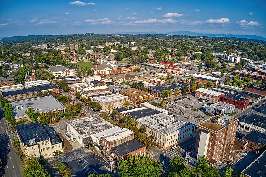 Aerial View of downtown Cleveland, Tennessee, in summer.