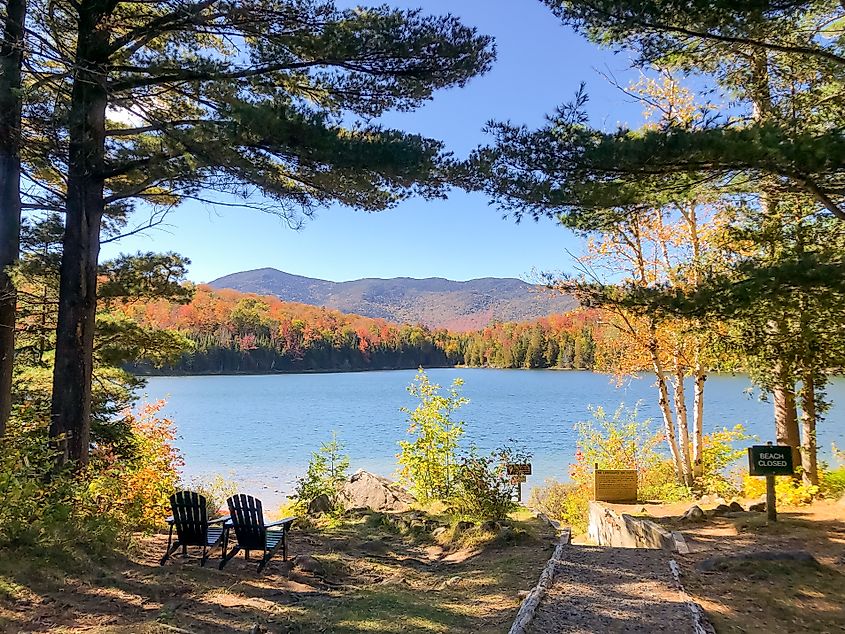 Sunny autumn scene of Heart Lake in the Adirondack Mountains High Peaks Wilderness, North Elba, NY, USA.